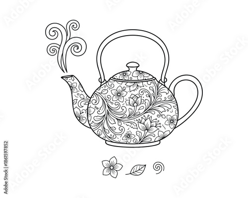 Vector illustration of teapot with floral decorative design and steam for tea time concept