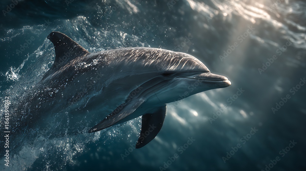 Fototapeta premium Close up of a gray dolphin swimming underwater with sunlight shimmering on the water surface