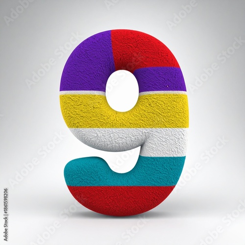 A fuzzy number nine crafted from colorful fabric segments, presented in a 3D render