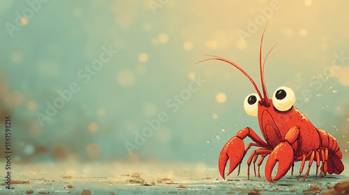 Cute cartoon red crawfish with big eyes standing on wet ground with blurred background and bokeh l