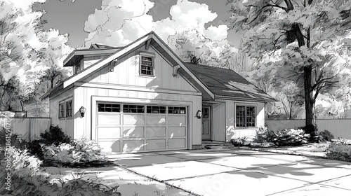 Sketch of a white detached garage with driveway and landscaping. surrounded by trees and clouds