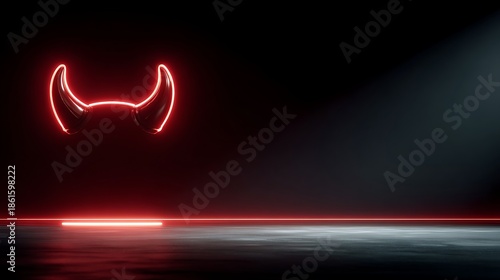 Glowing Red Neon Devil Horns Symbol on Dark Stage with Spotlight and Light Line