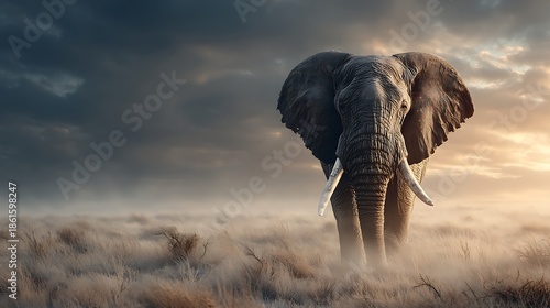 Majestic elephant walking through dry grass savanna at sunrise with dramatic cloudy sky. atmospher