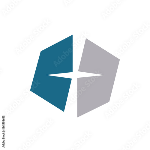 Abstract geometric logo with a star-like negative space, formed by mirrored polygonal shapes in teal and grey, symbolizing direction, balance, and modern innovation for brand identity
