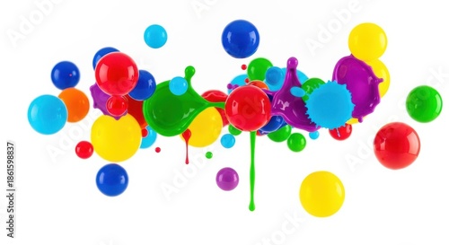 A vibrant burst of colorful paint splatters and glossy spheres creating an energetic and playful abstract composition, perfect for cheerful designs and creative projects