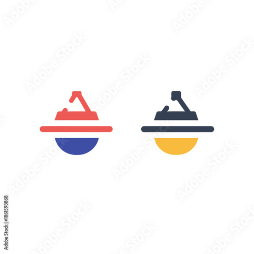 Simple abstract icons representing a satellite or spaceship, in red, blue, and yellow color schemes