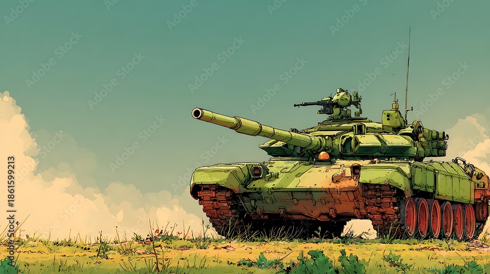 Fototapeta premium Green military tank with mounted machine gun. on a grassy field with dusty sky and clouds. graphic