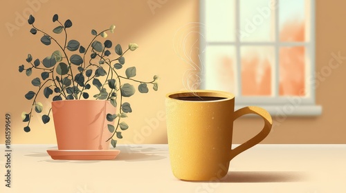 Steaming Coffee Mug Beside Potted Plant on Table in Room with Window and Natural Light