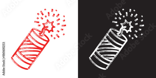 Hand drawn petard icon in marker and pencil style. Single firecracker with expressive sketch strokes and scattered sparks. Vector illustration isolated.