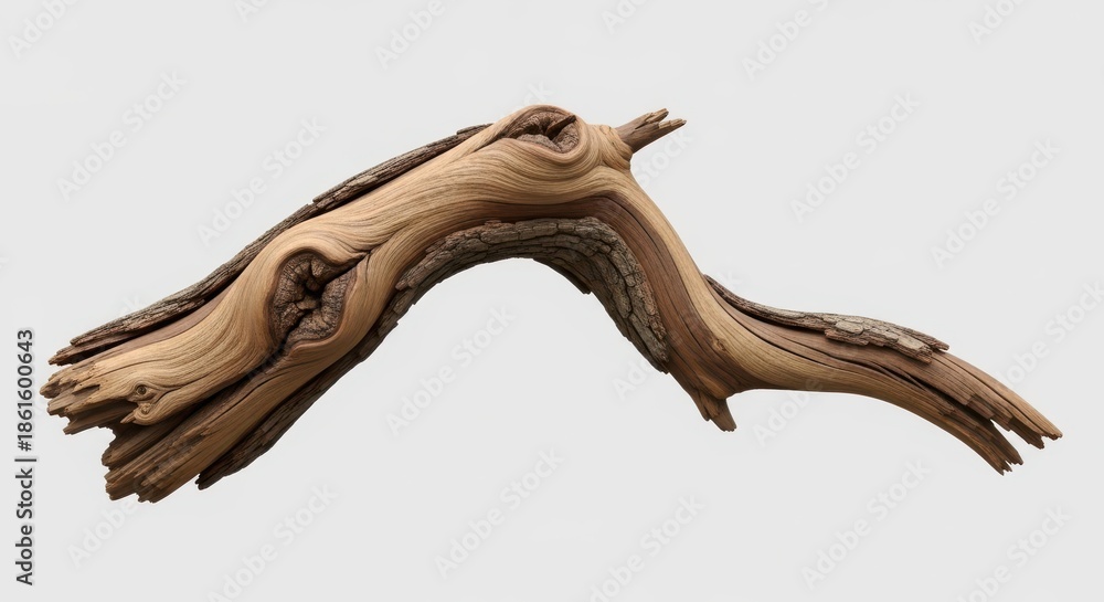 Fototapeta premium Rustic Gnarled Driftwood Branch with Unique Twisted Grain Texture