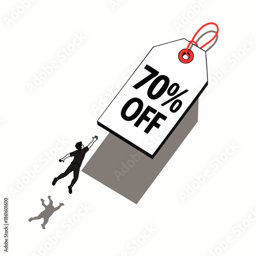Minimalist illustration of a person reaching for a large '70% OFF' sale tag, symbolizing significant savings and the pursuit of discount opportunities.