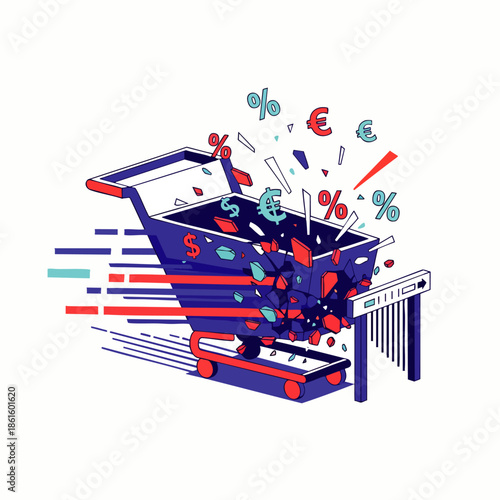 Shopping cart exploding with currency symbols and percentages, symbolizing financial crisis or economic boom