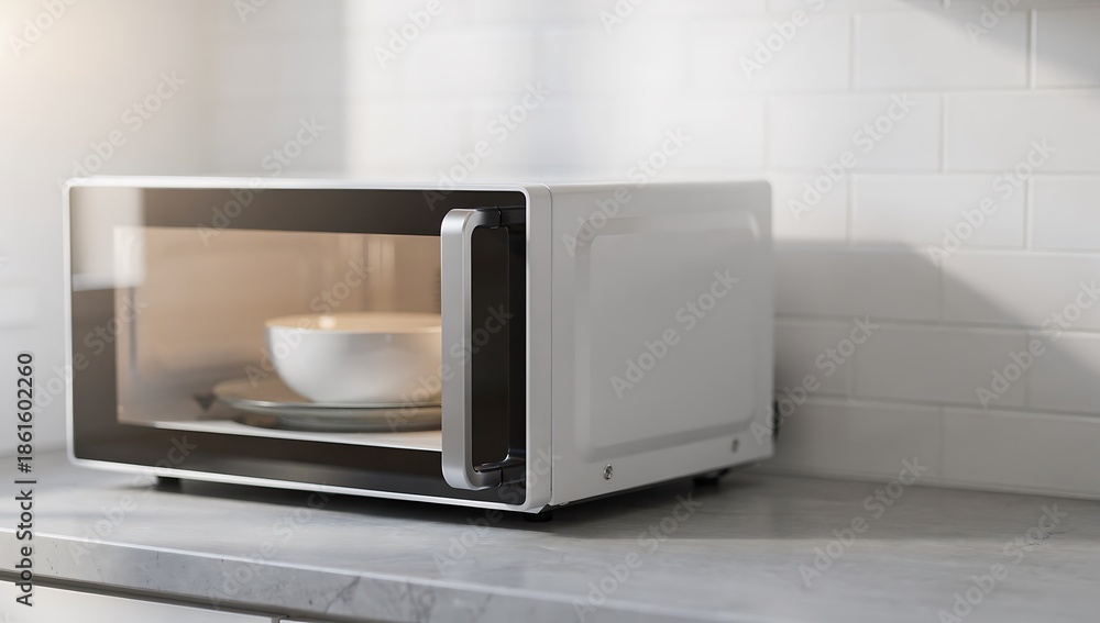 Fototapeta premium White microwave oven with a bowl inside on a kitchen counter in a modern home. Electronic appliance for meal preparation.