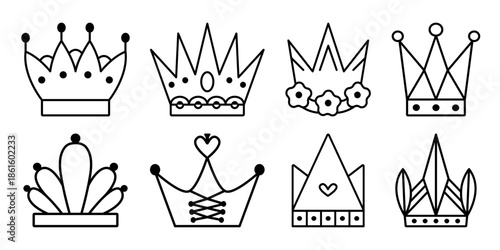 Black line crown icon vector set, monochrome outline signs. Royal cliparts, coronation linear pictograms