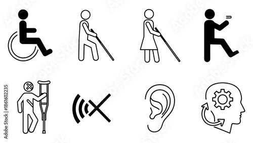 set of 6, accessibility symbol, functional, accessible, vector art, flat design, clean outline, minimal flat color style, plain white background