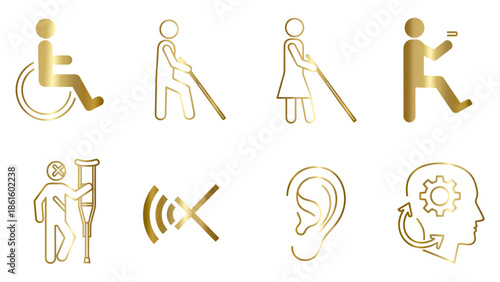 set of 6, accessibility symbol, functional, accessible, vector art, flat design, clean outline, minimal flat color style, plain white background
