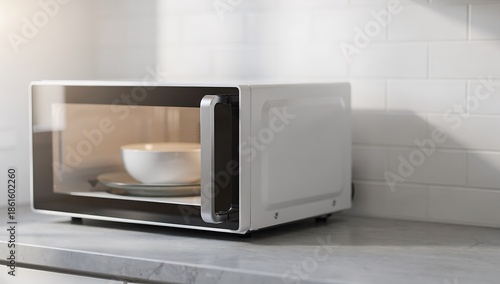 White microwave oven with a bowl inside on a kitchen counter in a modern home. Electronic appliance for meal preparation.