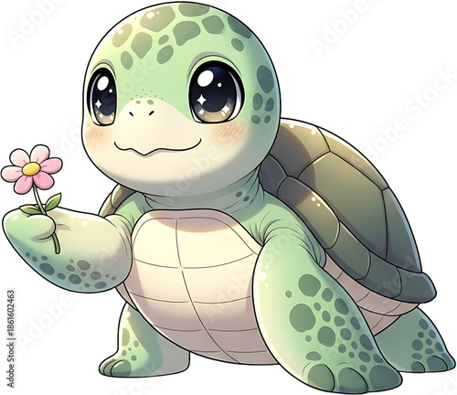 Cute cartoon sea turtle holding a small pink flower.