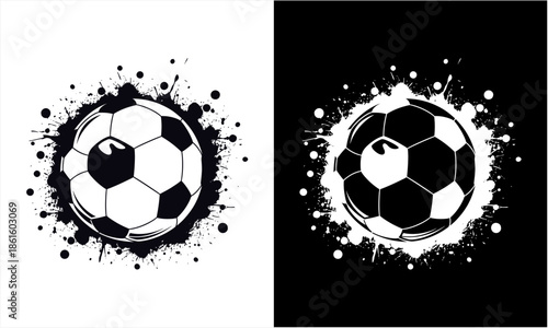 Dynamic Soccer Ball with Ink Splatter Design in Black and White.