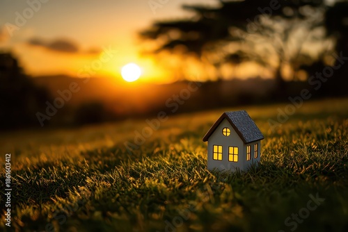 Miniature House in Golden Hour Sunlight on Green Grassy Hillside with Blurred Trees and Distant Mountain Silhouettes