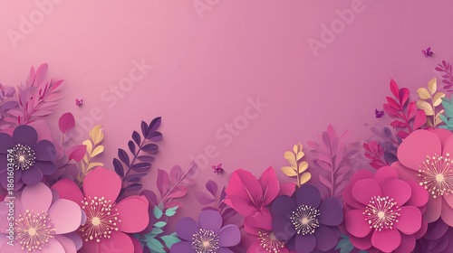 Paper Cut Floral Arrangement in Shades of Pink Purple and Gold on Gradient Background With Intricate Details and Soft Lighting