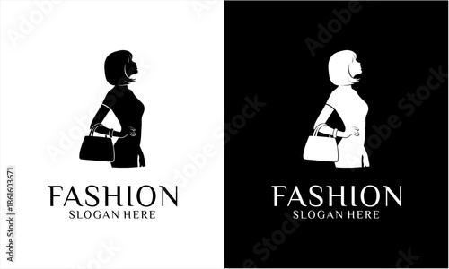 Elegant Fashion Woman Silhouette with Handbag Logo Design.