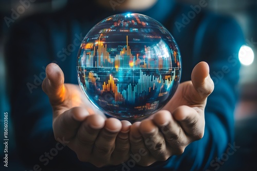 Hands holding crystal ball with glowing financial data