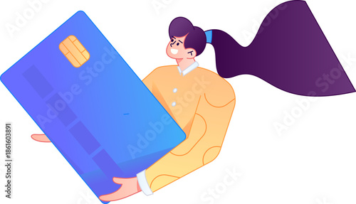 Vector flat gradient illustration of a character holding a credit card to make a financial payment.
