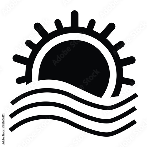 Black sun rising over wavy lines