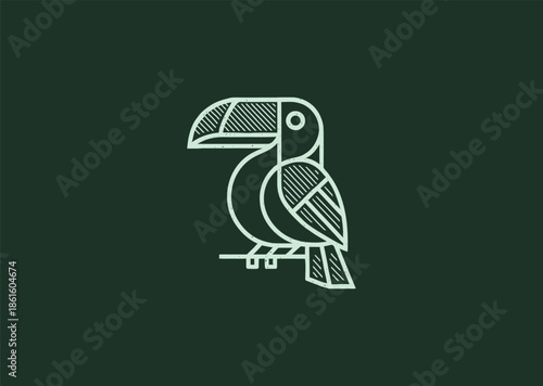 An engraved toucan logo with detailed beak texture and layered line shading, expressing exotic identity, vibrancy, and tropical character