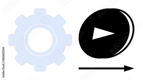 Workflow optimization, innovation, technology, media, development, movement. A gear symbol next to a play button with an arrow. Workflow optimization and innovation illustrated visually