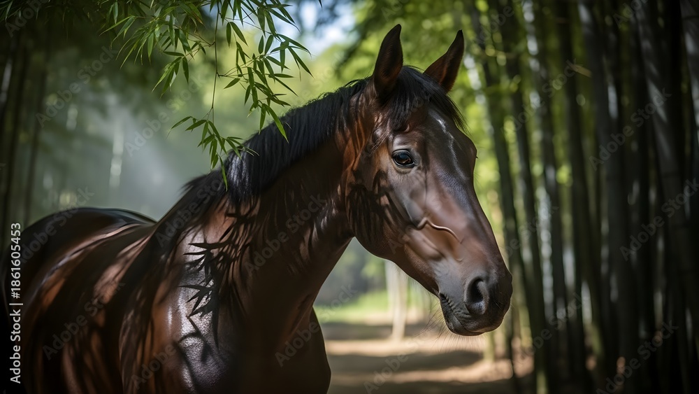 Fototapeta premium Majestic Horse Portrait Amidst Bamboo Forest, Symbolizing Lunar New Year Blessings and Prosperity