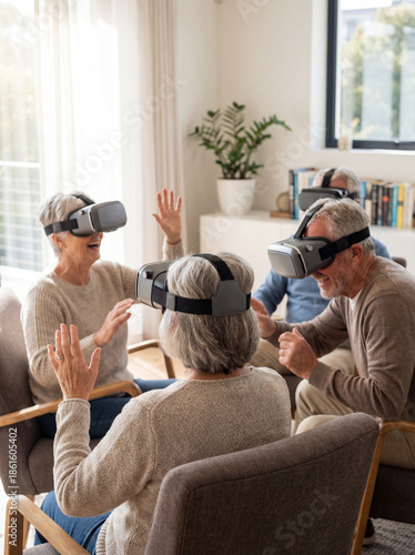 Immersive Reality for Senior Moments: A group of senior individuals wearing VR headsets, immersed in an interactive virtual reality experience. Exploring new worlds, expressing wonder.