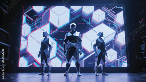 Illustration Of A Geometric Robot Standing In Front Of A Giant Polygon Screen Displaying Abstract Digital Dimensions Vector Design Template