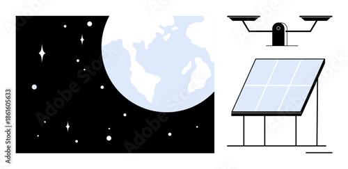 Renewable energy, environmental protection, clean technology, green energy, sustainability, future innovation. Earth in space and solar panel illustration. Renewable energy and sustainability concept