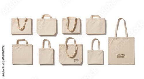 Eco-Friendly Tote Bags Collection: An assortment of eco-friendly tote bags, each with a unique design and size, showcasing versatility in sustainable fashion.