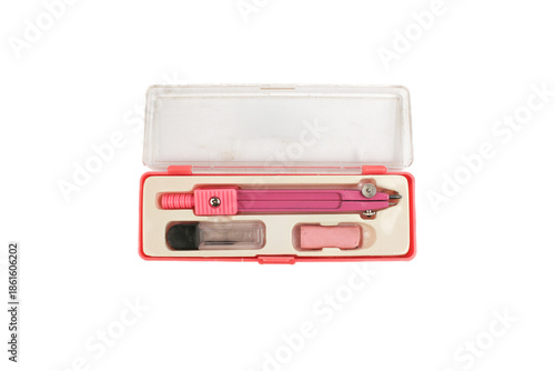  set of containers containing a school compass, small eraser and pencil lead