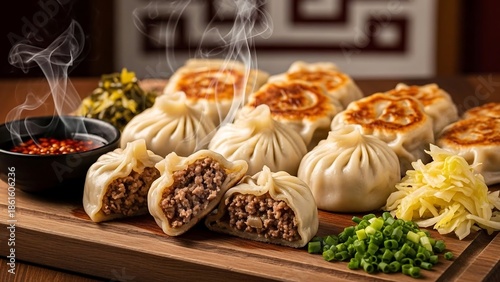 Steamed Dumplings with Spicy Dipping Sauce.