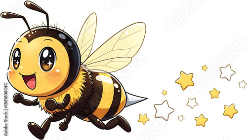 Cute cartoon bee flying with stars behind.