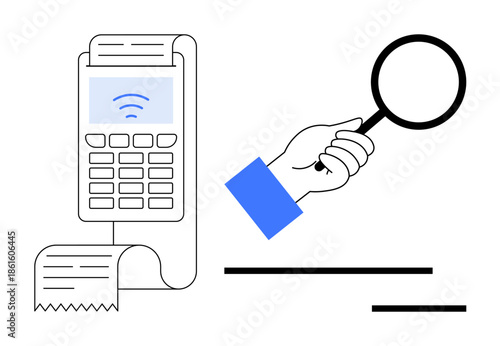 Financial security, fraud detection, online transactions, data analysis, payment verification, retail systems. Card reader with receipt connected and hand holding magnifying glass. Financial security