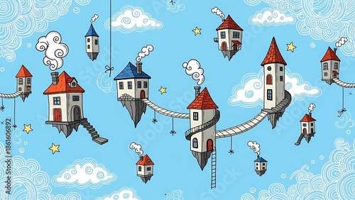 Whimsical Fantasy Houses Floating in Sky.
