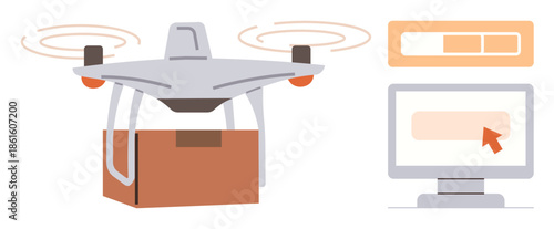 quadcopter carrying a box beside a computer screen showing online tracking. Ideal for delivery, e-commerce, logistics, technology, innovation, automation, modern services. Simple flat metaphor