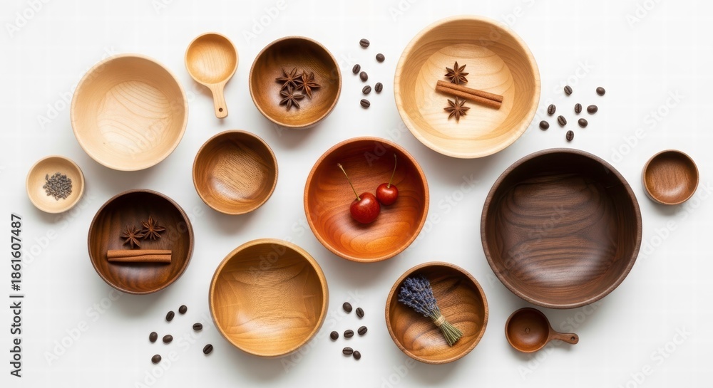 Obraz premium Wooden Bowls: A diverse arrangement of wooden bowls, spoons, and scattered spices showcases the art of craftsmanship and the beauty of natural materials.
