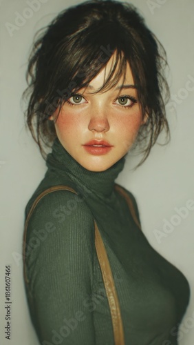 Gentle Portrait: A portrait of a woman exudes tranquility. She radiates poise with soft features and is adorned in a turtleneck sweater, her gaze conveys a sense of introspection.