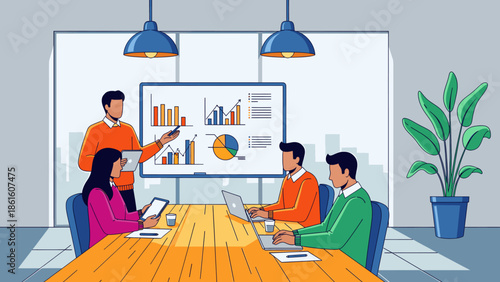 Team discussing business strategy in modern office