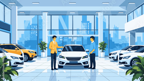 Car salesman showing white car to customer in modern showroom