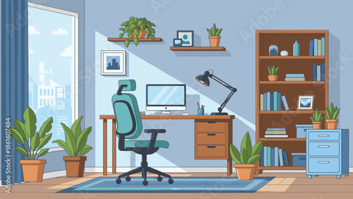 Modern home office with computer and plants