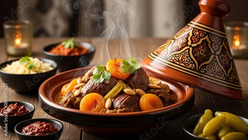 Traditional Moroccan Tagine Dish with Stew and Vegetables.