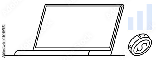 Online finance concept. Online finance by a laptop, coin with dollar sign, and bar graph. Online finance for business, e-commerce, investment, digital banking, and fintech