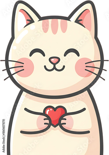 Cute cartoon cat holding a red heart with love and happiness.